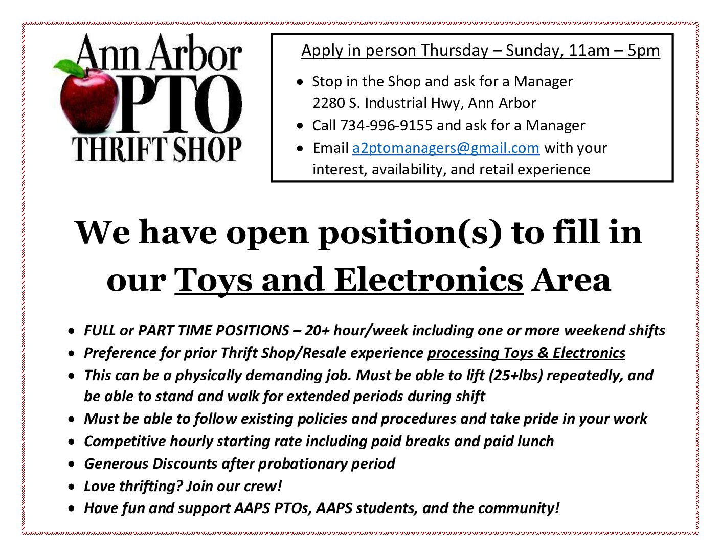 were hiring Sept 2026 Toys Electronics